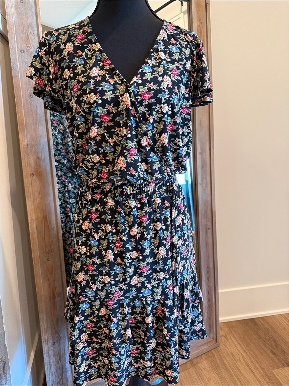 Ralph Lauren Black Floral Wrap Midi Dress with Pink & Blue Blooms